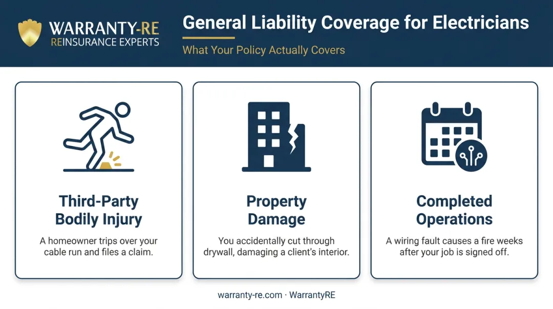 Three components of electrician general liability insurance coverage explained visually