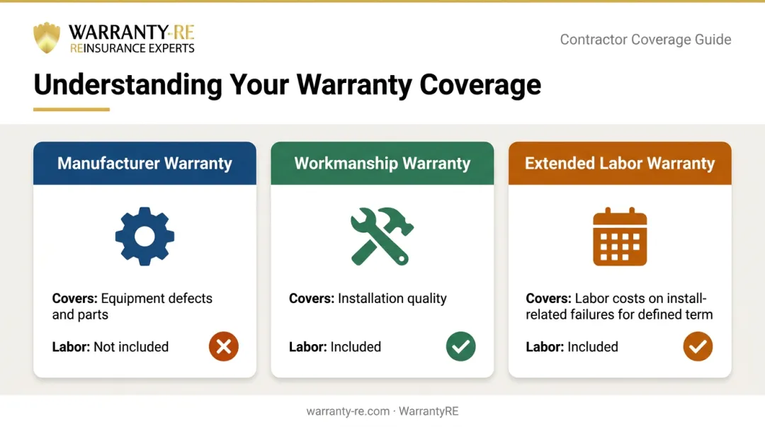 Three contractor warranty coverage types comparison chart with labor inclusion breakdown