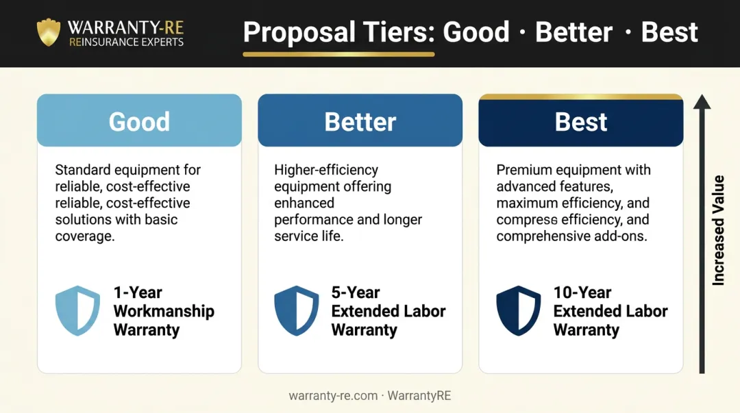 Good Better Best contractor proposal tier comparison with warranty coverage levels