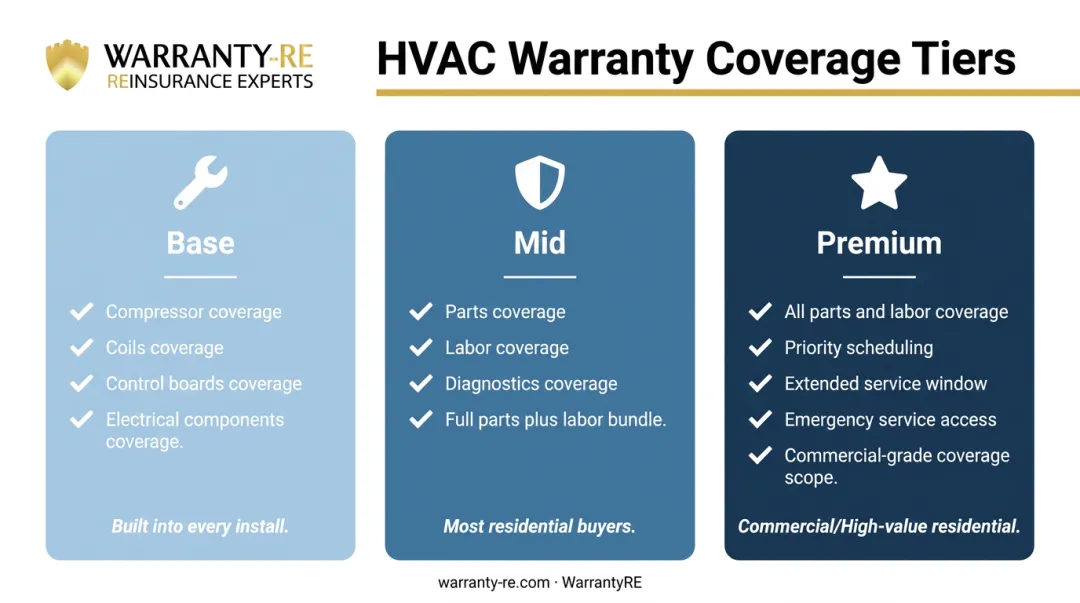 Three-tier HVAC warranty plan comparison from base to premium coverage