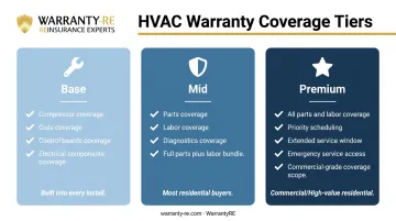 Three-tier HVAC warranty plan comparison from base to premium coverage