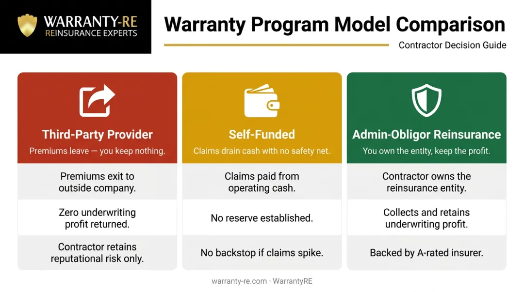 Three contractor warranty models comparison third-party self-funded admin-obligor
