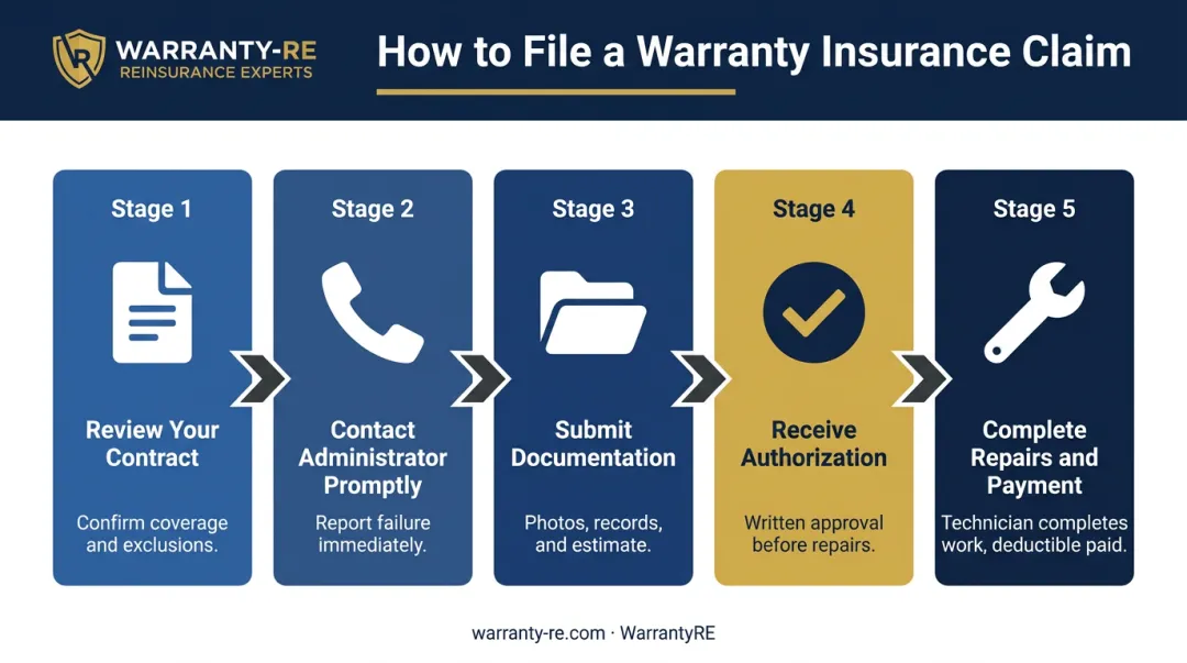 Five-step warranty insurance claim process from contract review to payment completion