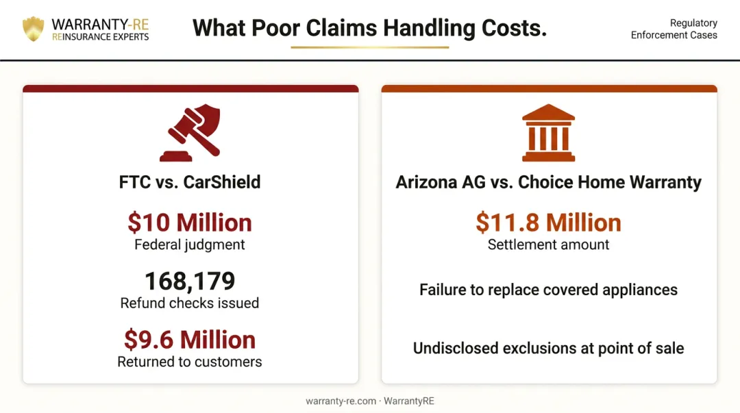 Warranty enforcement actions comparison showing FTC CarShield and Arizona Choice Home Warranty settlements