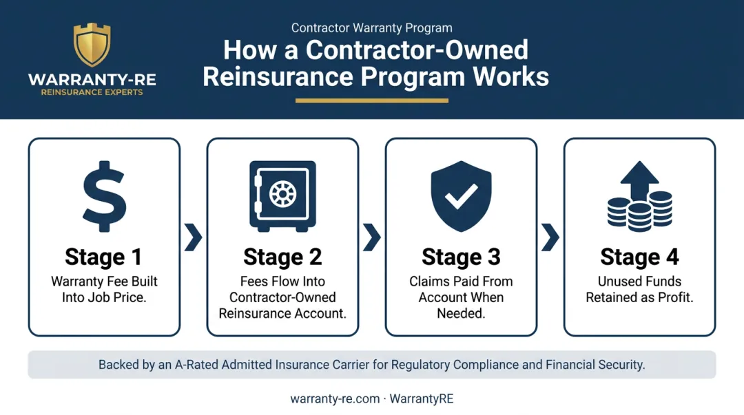 Contractor-owned reinsurance program four-step money flow process infographic