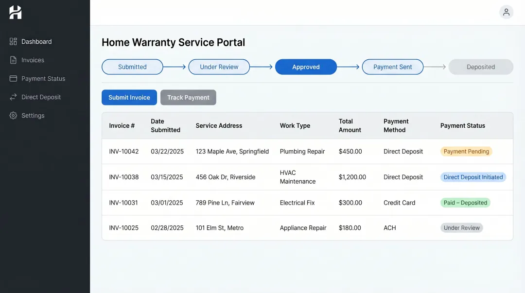 Home warranty contractor payment portal showing online invoicing and direct deposit interface