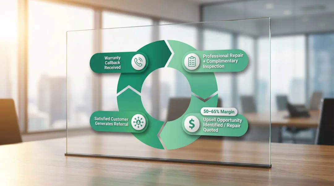Warranty callback customer retention and referral revenue flywheel cycle diagram