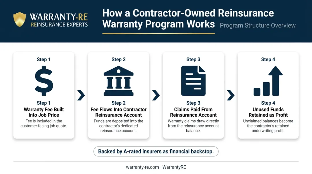 Contractor-owned reinsurance program four-step warranty funding flow diagram