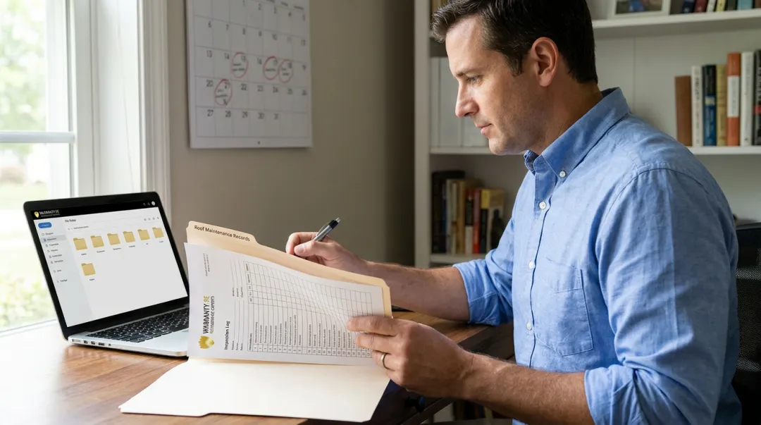 Property owner reviewing roofing maintenance documentation records at desk