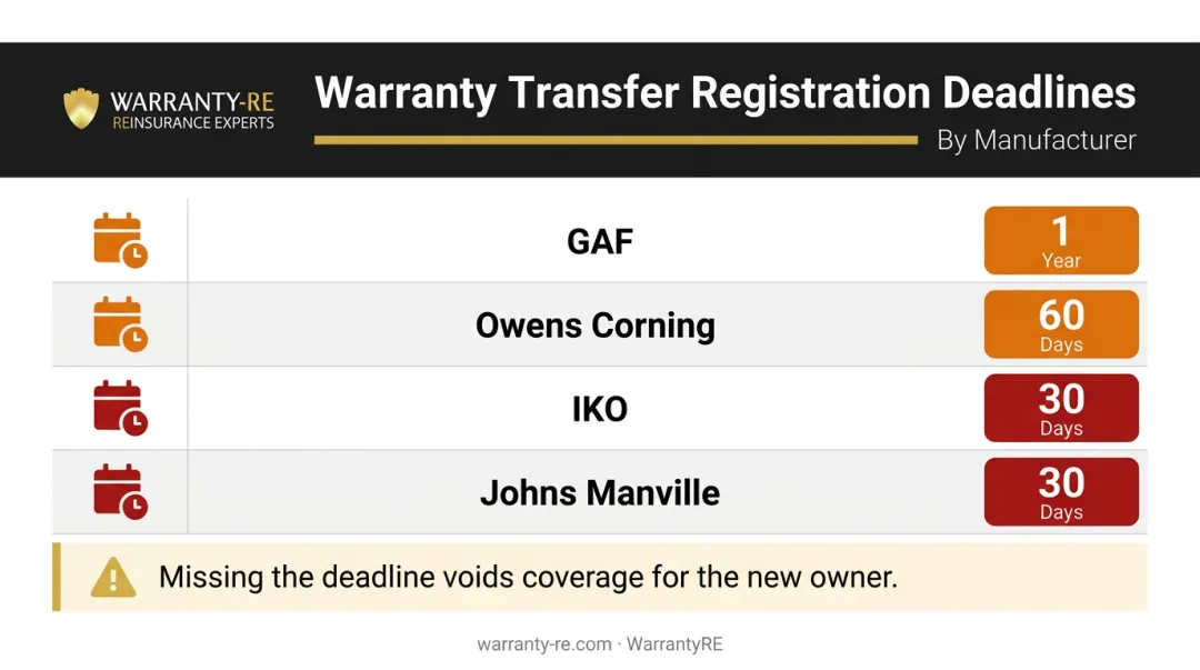 Roofing warranty transfer registration deadlines by manufacturer comparison chart