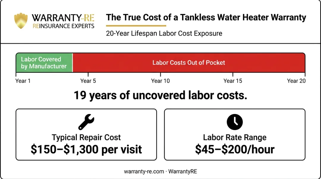 Tankless water heater labor cost gap manufacturer warranty versus out-of-pocket years