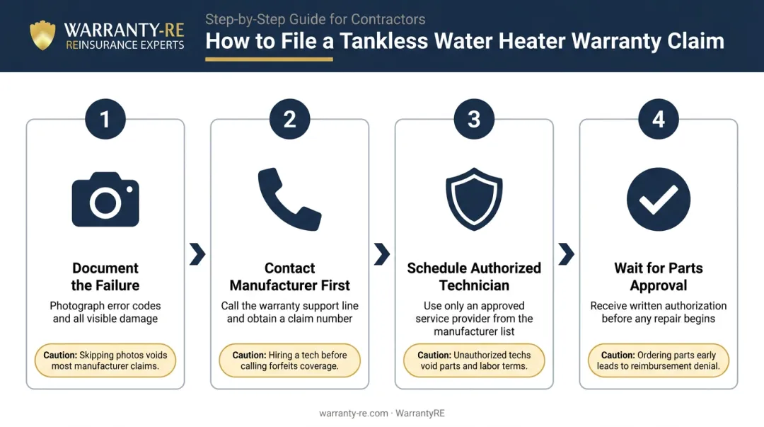 Four-step tankless water heater warranty claim filing process flow diagram