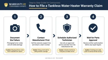 Four-step tankless water heater warranty claim filing process flow diagram