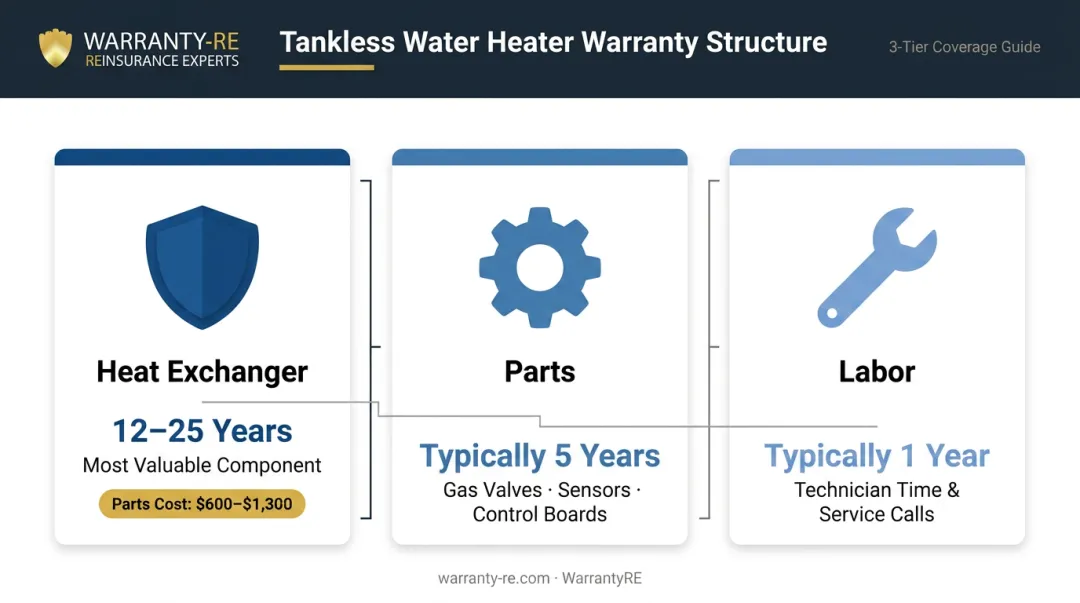Three-tier tankless water heater warranty structure heat exchanger parts labor