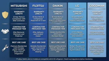 Top 5 mini split brands comparison chart for HVAC installers warranty and support