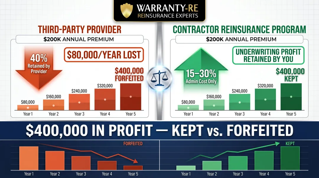 Reinsurance versus third-party warranty provider profit retention five-year financial comparison