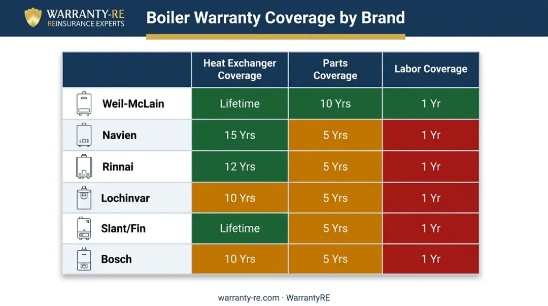 Boiler warranty comparison chart across five major brands by component coverage