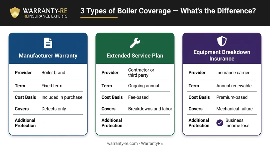 Three boiler coverage types comparison manufacturer warranty service plan and insurance