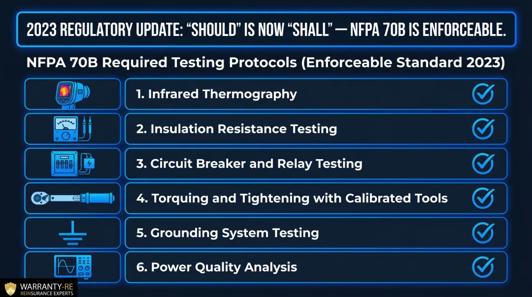 NFPA 70B electrical maintenance checklist six required testing protocols infographic