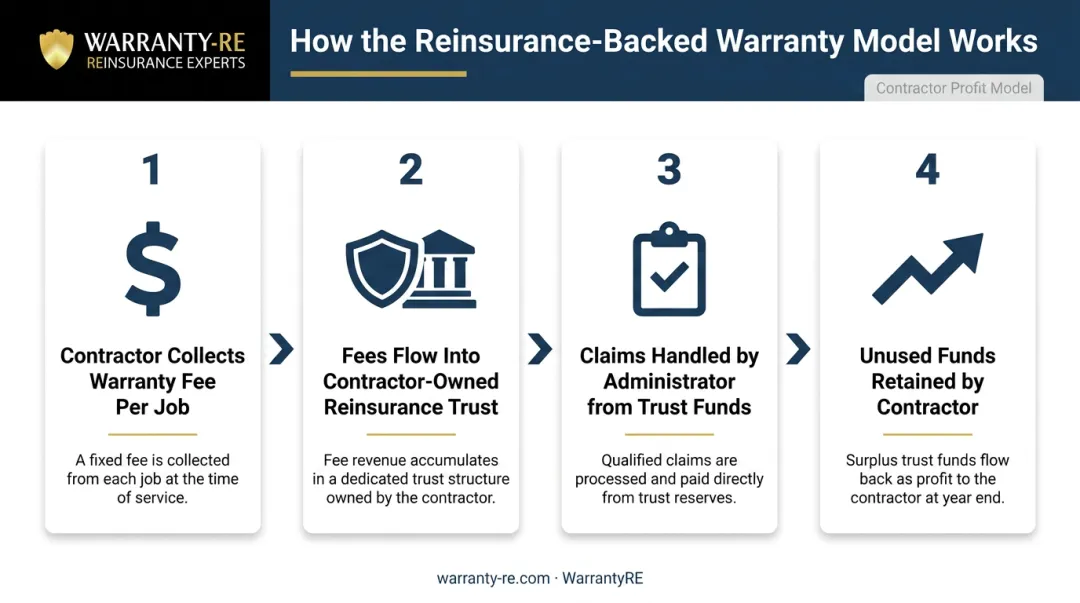 Four-step reinsurance-backed contractor warranty program process flow diagram