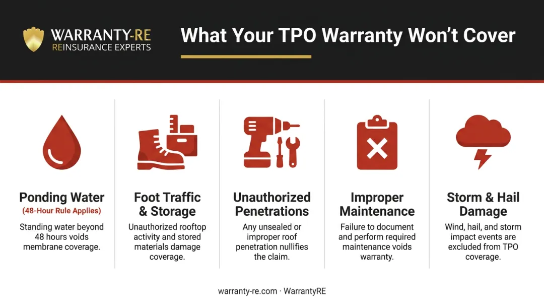 Five common TPO warranty exclusions that trigger claim denials infographic