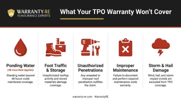 Five common TPO warranty exclusions that trigger claim denials infographic