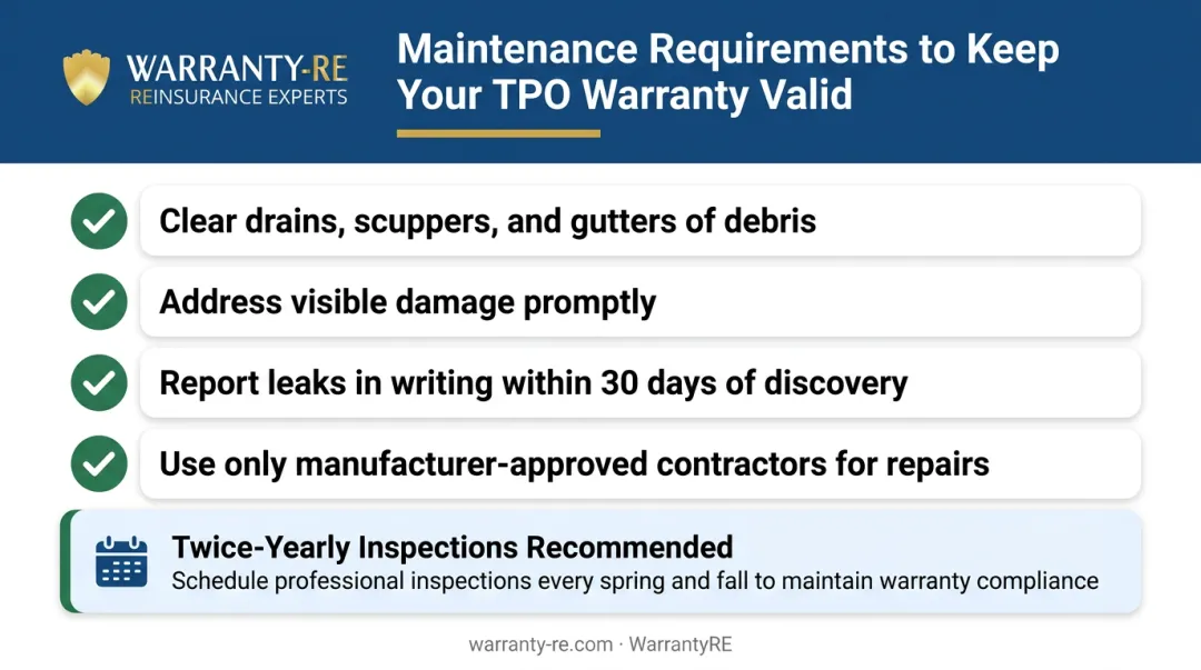 TPO roof warranty maintenance checklist with four required property owner obligations