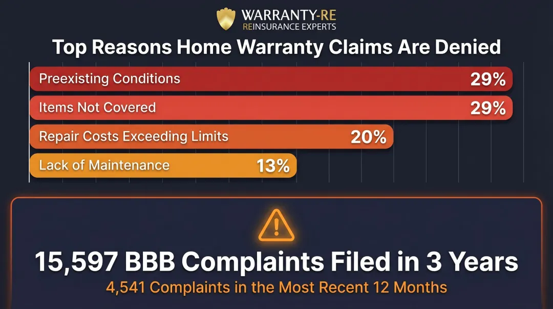 Home warranty claim denial reasons breakdown and complaint volume statistics infographic