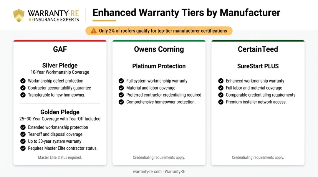 GAF Owens Corning CertainTeed enhanced warranty certification tiers comparison chart