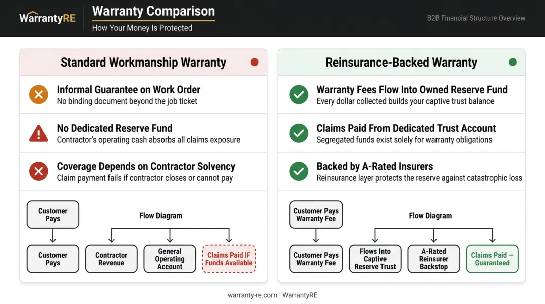 Standard contractor warranty versus reinsurance-backed warranty reserve structure comparison