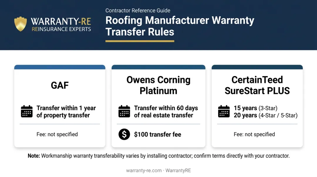 Roof warranty transfer rules comparison for GAF Owens Corning and CertainTeed brands