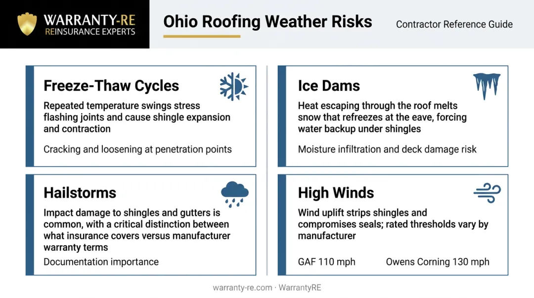 Four major Ohio climate roofing risks freeze-thaw ice dams hail and wind