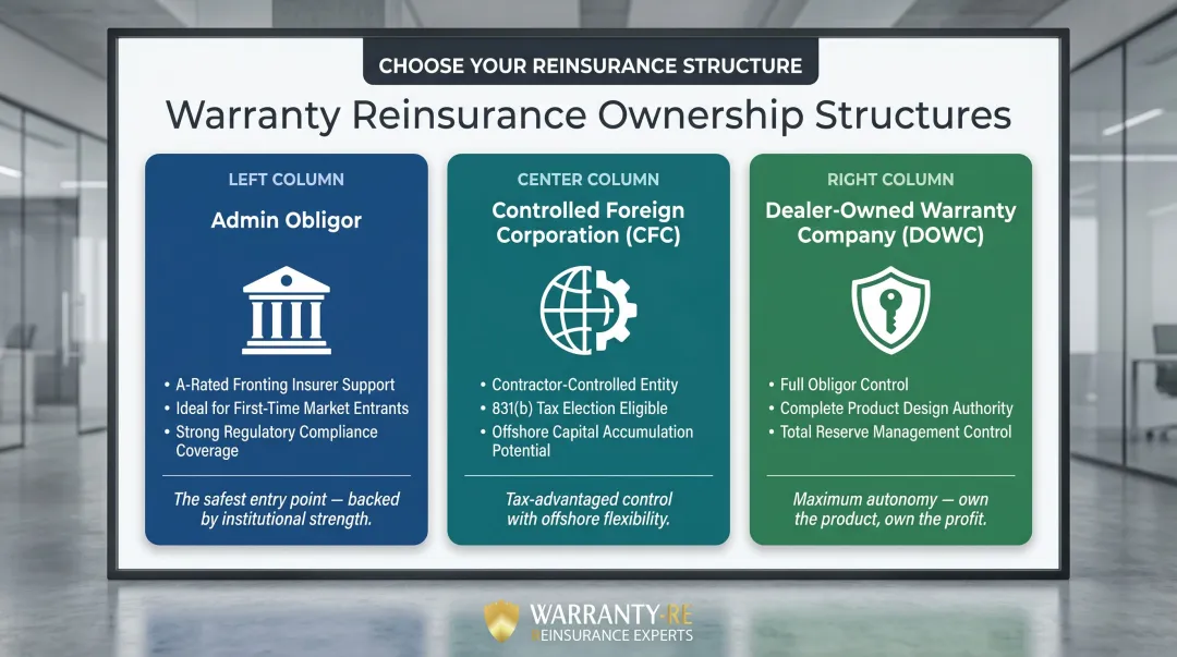 Three contractor reinsurance ownership model structures comparison Admin Obligor CFC DOWC