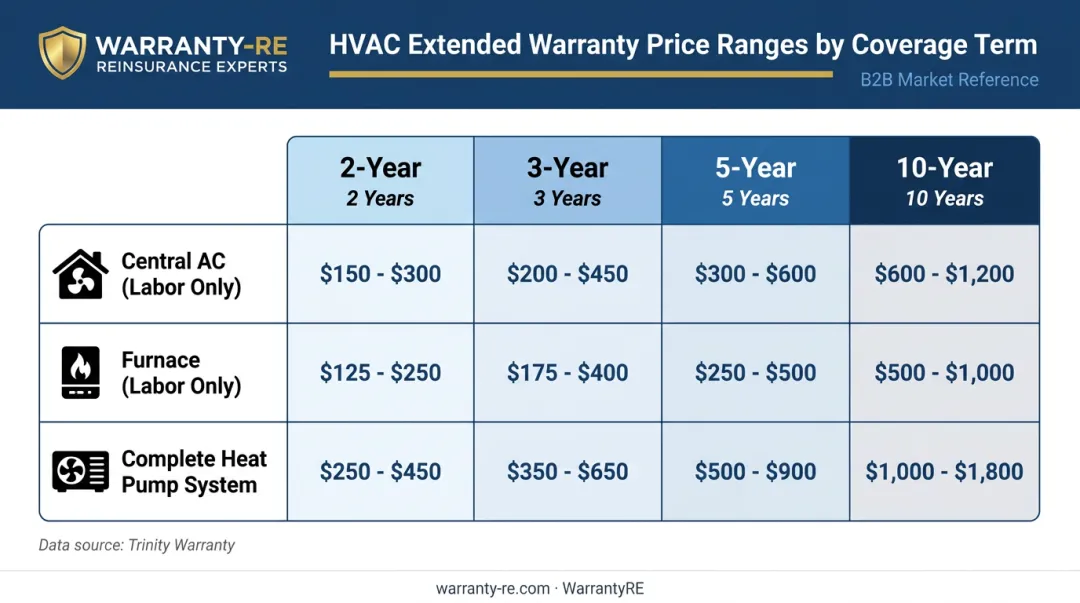 HVAC extended warranty pricing ranges by equipment type and coverage term