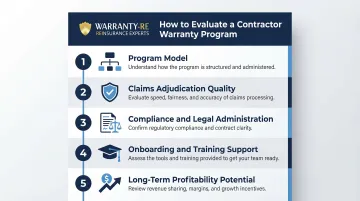 Five key contractor warranty program selection factors evaluation checklist infographic