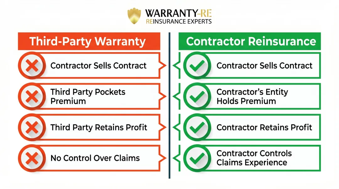 Third-party warranty versus contractor reinsurance side-by-side comparison infographic