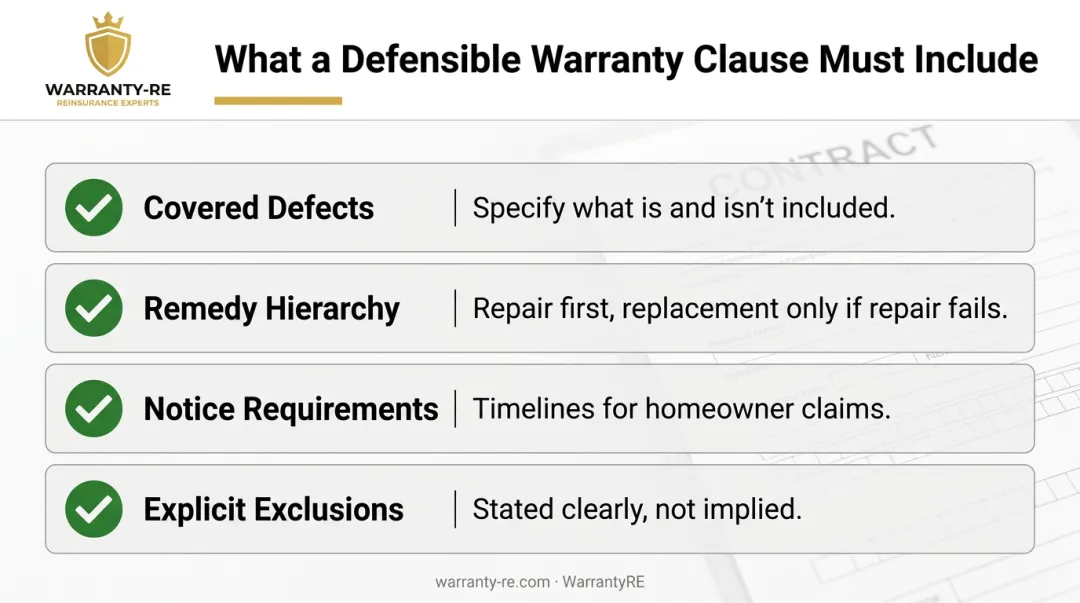 Four required elements of a defensible California contractor warranty clause checklist