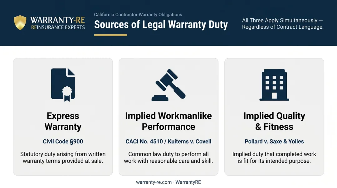 Three California contractor warranty sources legal framework overview infographic