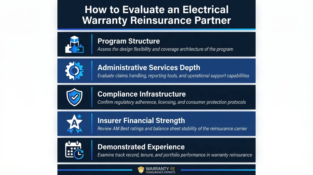 Five-criteria evaluation framework for selecting electrical warranty reinsurance provider