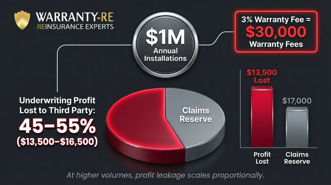 Roofing contractor warranty profit leakage calculation showing annual underwriting loss to third parties