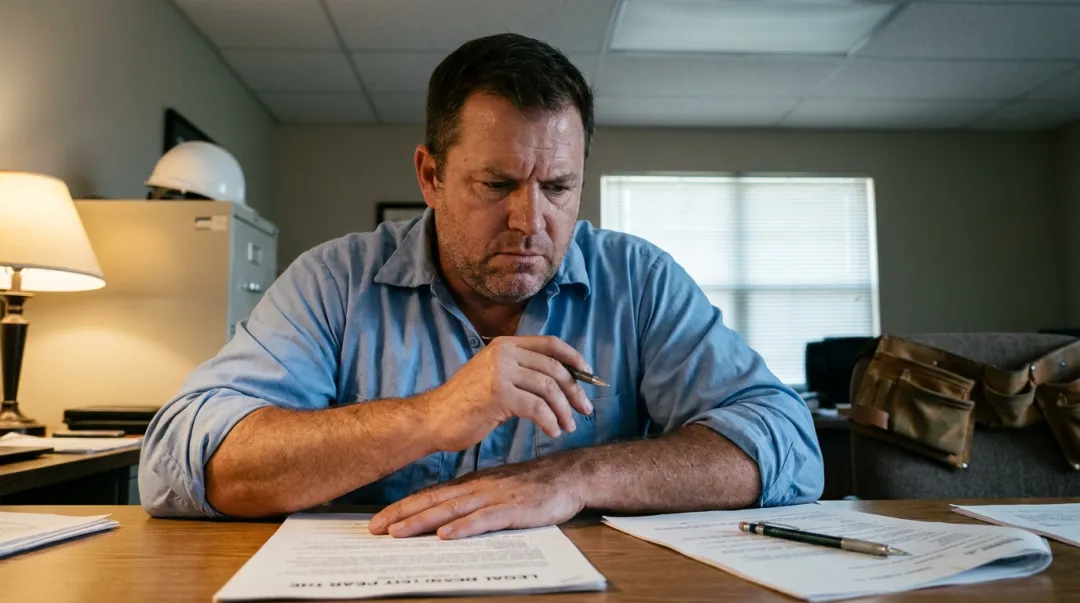 Electrical contractor reviewing legal documents after worker injury lawsuit without coverage