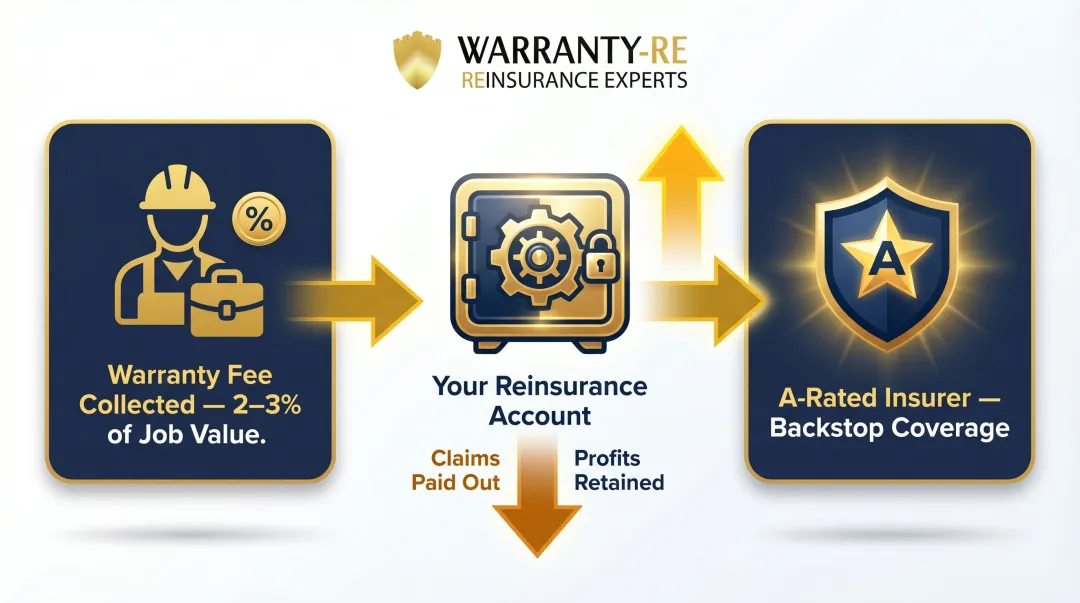 Reinsurance structure flow diagram showing warranty fees moving from contractor to reinsurance account