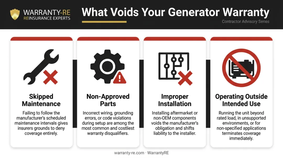 Four most common generator warranty voiding conditions with icons and explanations
