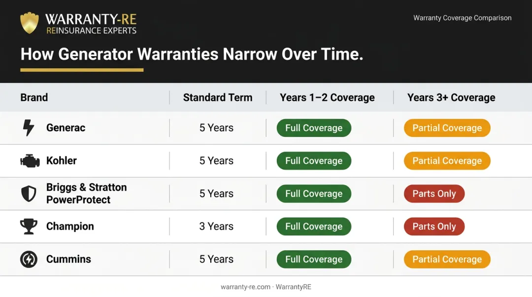 Major generator brand warranty comparison chart showing tiered coverage by year