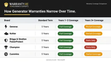 Major generator brand warranty comparison chart showing tiered coverage by year