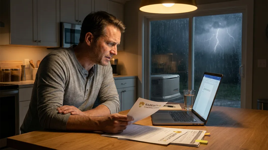 Homeowner reviewing generator warranty documents during storm power outage at home