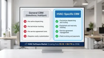 General CRM versus HVAC-specific CRM feature comparison side-by-side infographic