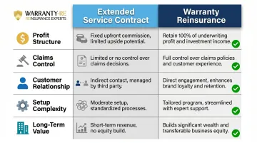 Extended Service Contract versus Warranty Reinsurance five-dimension comparison infographic