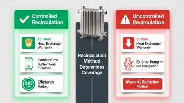 Navien tankless water heater warranty tiers and recirculation system comparison infographic