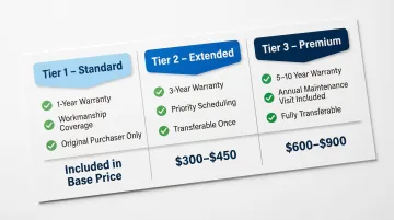 Three-tier plumbing labor warranty packaging comparison Standard Extended and Premium